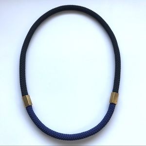 Black + navy blue statement necklace with hexagonal brass pieces